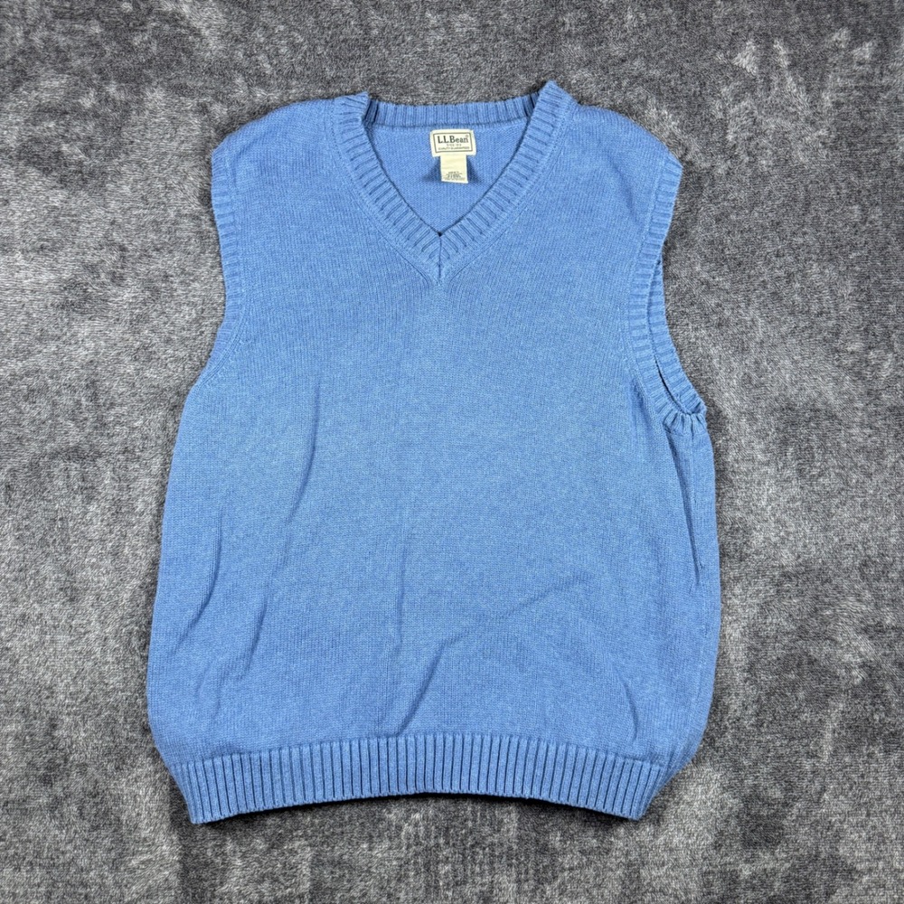 LL Bean Mens V-Neck Sweater Vest Blue 100% Cotton Size Large Regular 0 FW80